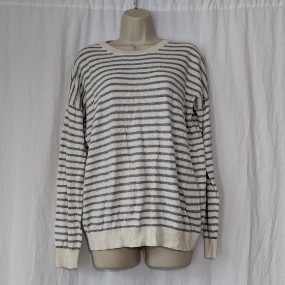Theory Striped Grey White Crewneck Sweater Size Large - Picture 2 of 12